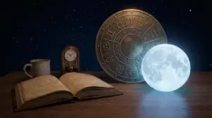 Tavolo con simboli zodiacali, una luna luminosa, un libro aperto e un orologio.