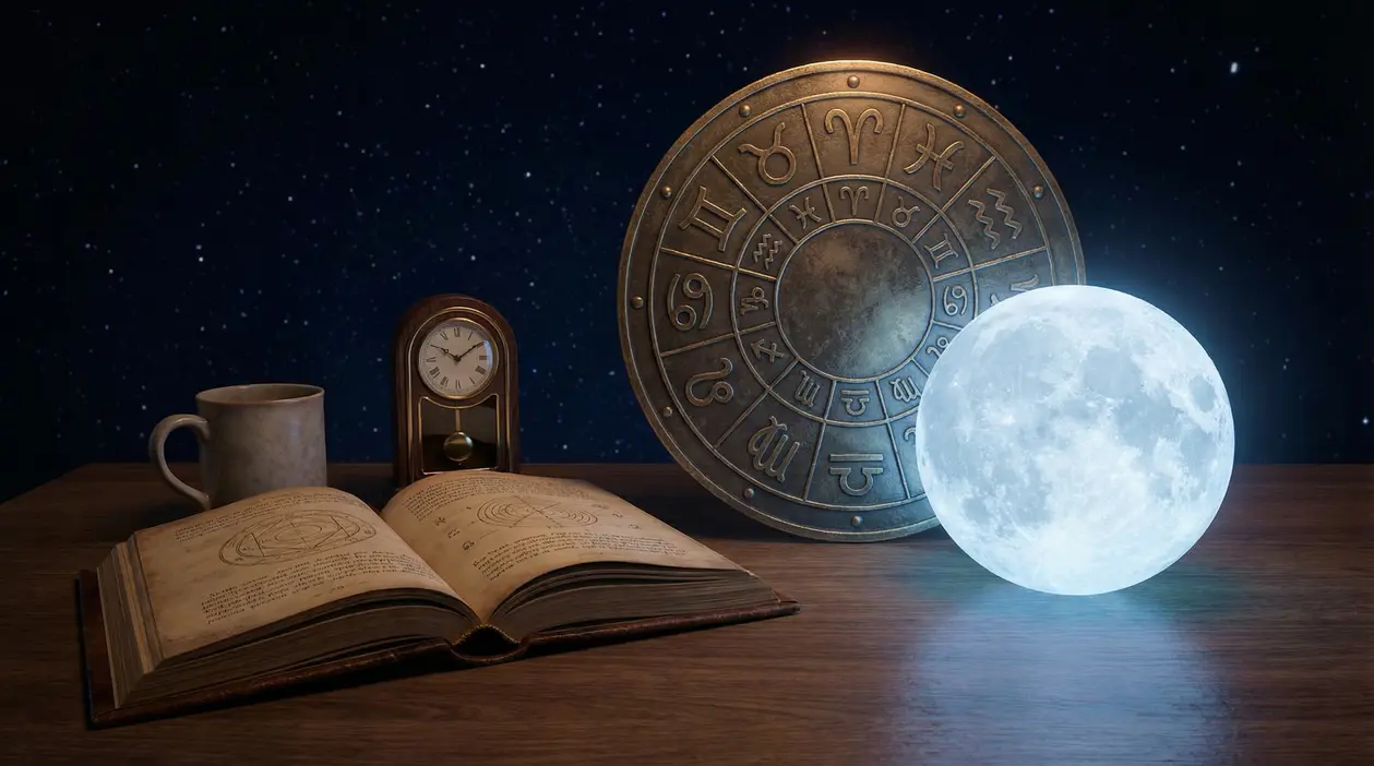 Tavolo con simboli zodiacali, una luna luminosa, un libro aperto e un orologio.