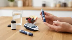 Persona che utilizza un dispositivo per il controllo della glicemia su un tavolo da cucina