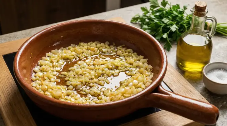 Cipolla tritata che soffrigge in padella con olio d'oliva