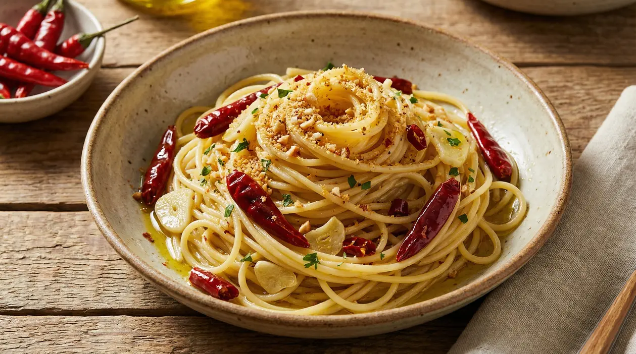 Piatto di spaghetti aglio, olio e peperoncino con aglio a fette e peperoncini rossi interi