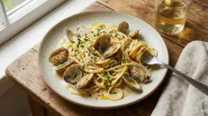 Piatto di spaghetti con le vongole cremosi serviti su tavolo rustico
