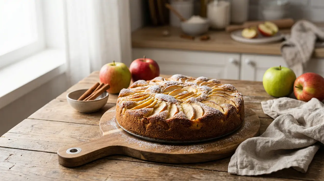 Torta di mele light su tagliere di legno, decorata con fette di mela e zucchero a velo