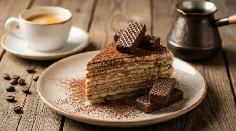 Fetta di torta fredda con wafer e cacao su piatto, accanto a tazzina di caffè