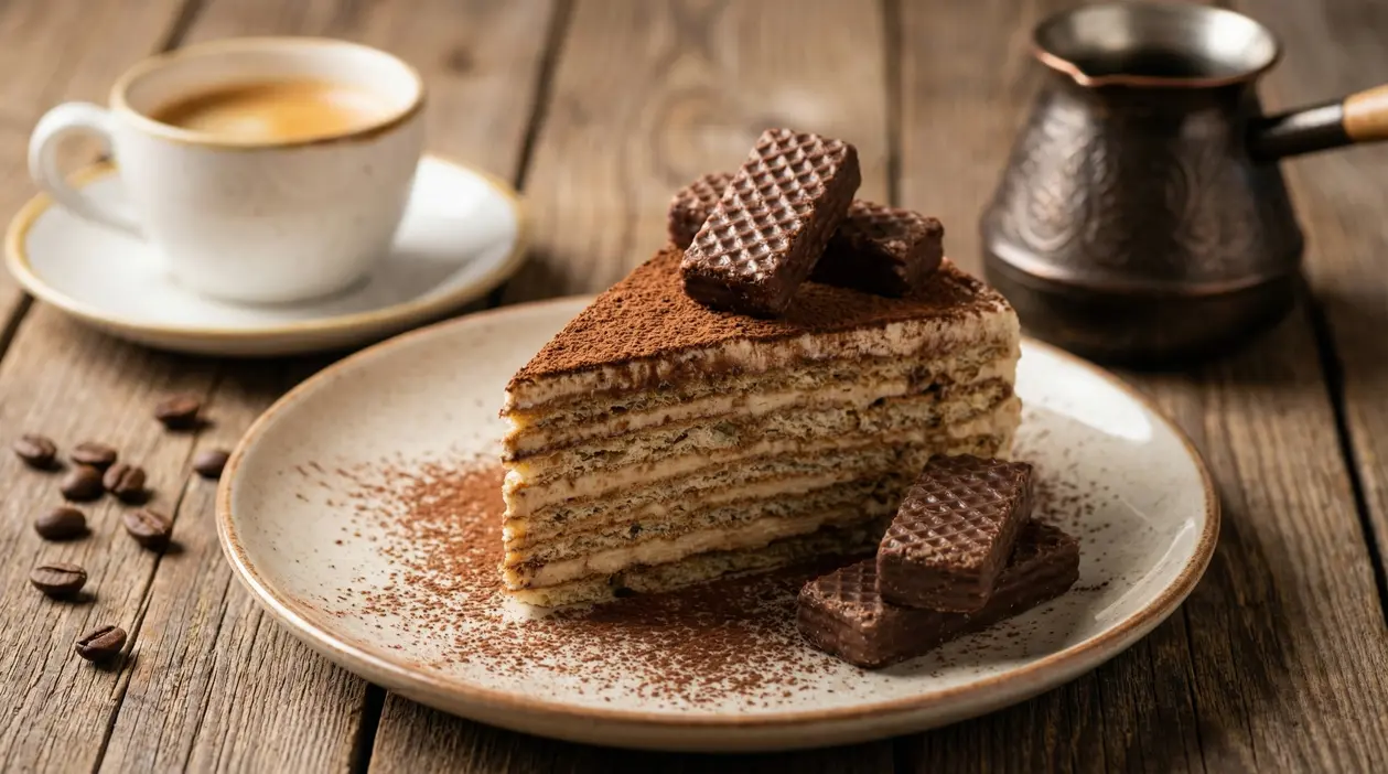 Fetta di torta fredda con wafer e cacao su piatto, accanto a tazzina di caffè