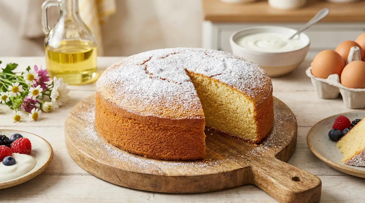 Torta soffice fatta in casa senza burro, servita su un tagliere di legno con una fetta tagliata