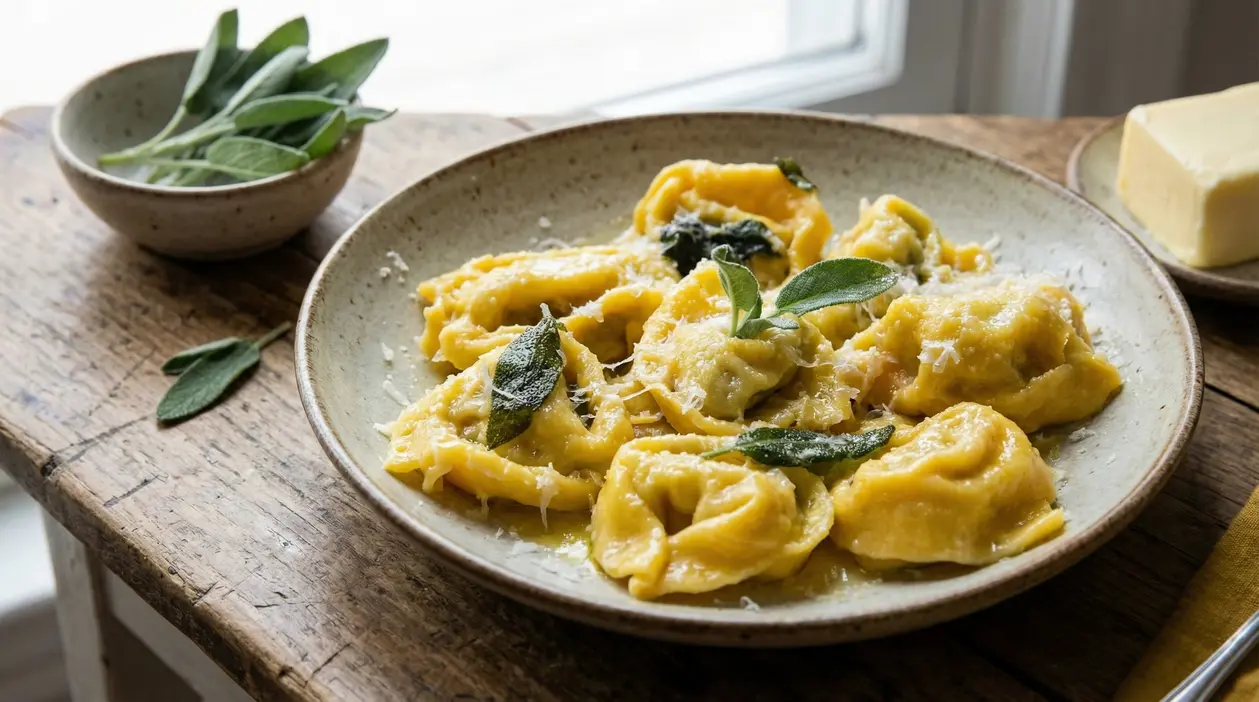 Piatto di tortelloni di zucca al burro e salvia con foglie di salvia fresca