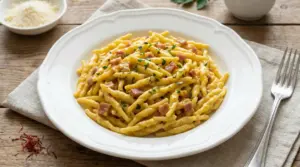 Piatto di trofie con panna, speck e zafferano, servito su un tavolo rustico