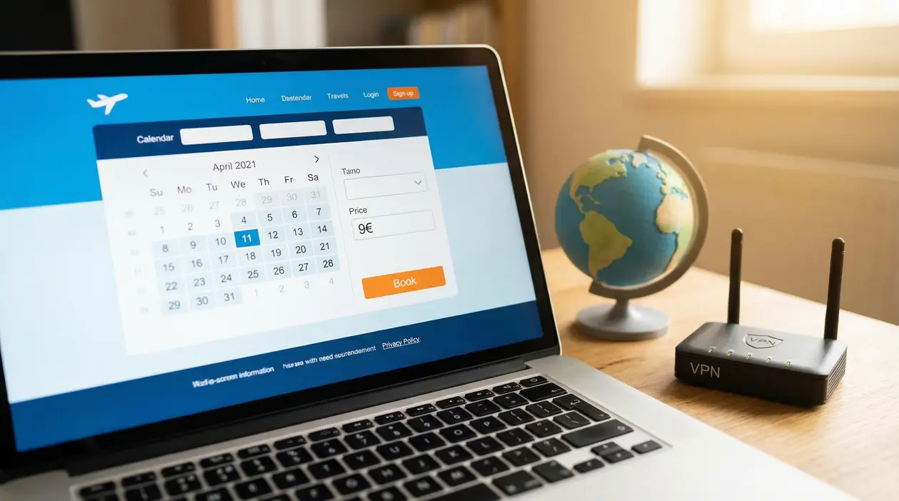 Laptop con sito di prenotazione voli e router VPN su scrivania con mappamondo