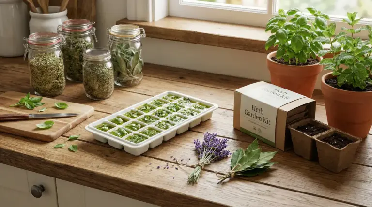 Erbe aromatiche conservate in vasetti e cubetti di ghiaccio su un piano da cucina in legno