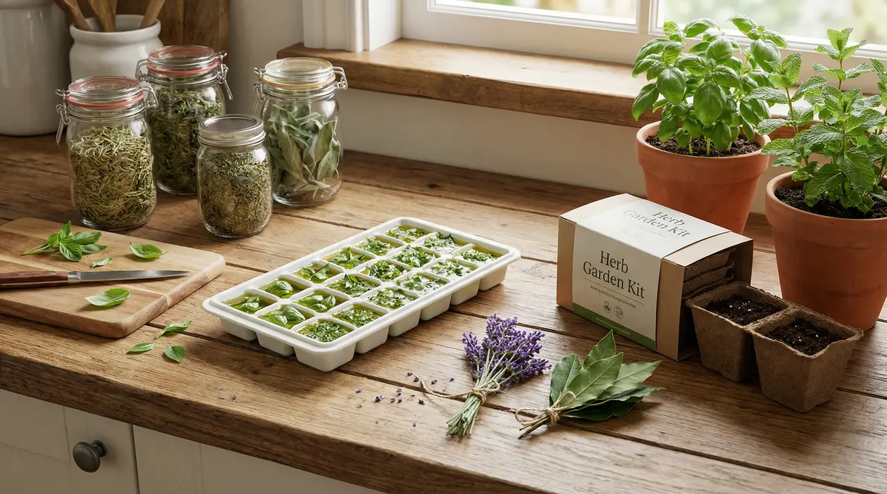 Erbe aromatiche conservate in vasetti e cubetti di ghiaccio su un piano da cucina in legno