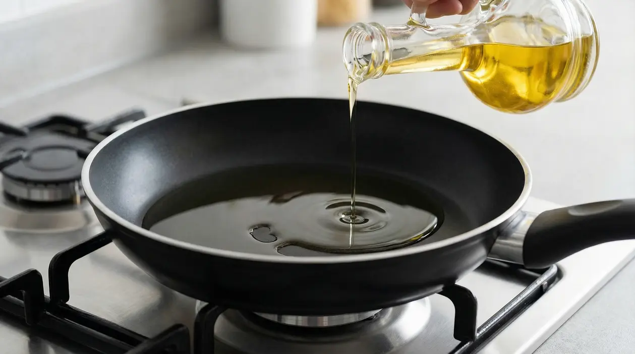 Olio versato in una padella antiaderente su un fornello da cucina