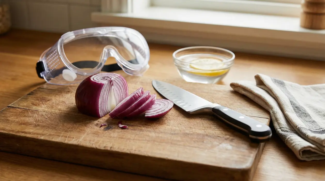 Cipolla rossa tagliata su un tagliere con coltello e occhiali protettivi