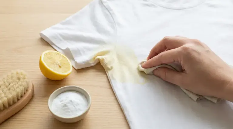 Mano che pulisce una macchia gialla su una maglietta bianca con rimedi naturali
