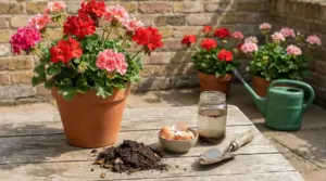Vaso di gerani fioriti con gusci d'uovo, compost e acqua su un tavolo da giardino