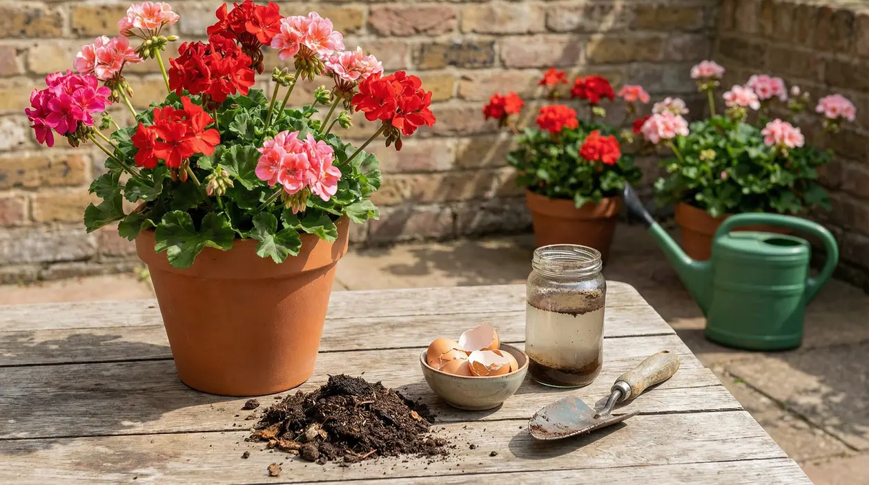 Vaso di gerani fioriti con gusci d'uovo, compost e acqua su un tavolo da giardino