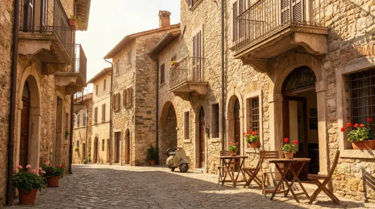 Stradina acciottolata in un borgo italiano con edifici in pietra e tavolini all'aperto