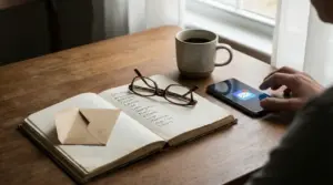 Una persona consulta un messaggio sul telefono accanto a un taccuino con segni zodiacali