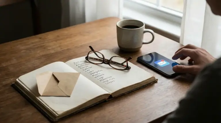 Una persona consulta un messaggio sul telefono accanto a un taccuino con segni zodiacali