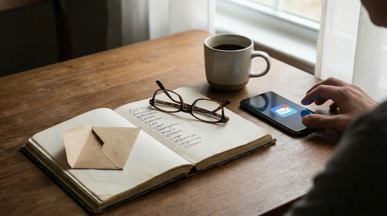 Una persona consulta un messaggio sul telefono accanto a un taccuino con segni zodiacali