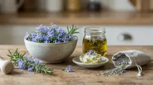 Fiori di rosmarino freschi e secchi con olio e burro aromatico su un tavolo di legno