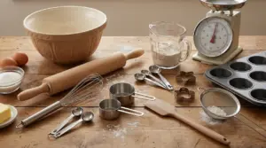 Utensili da cucina per dolci disposti su un tavolo di legno, tra cui frusta, ciotola, bilancia e stampi.