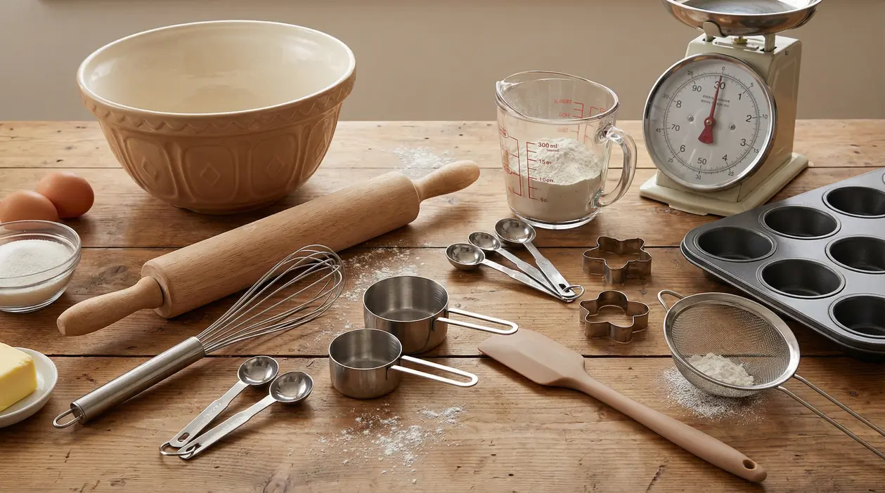 Utensili da cucina per dolci disposti su un tavolo di legno, tra cui frusta, ciotola, bilancia e stampi.