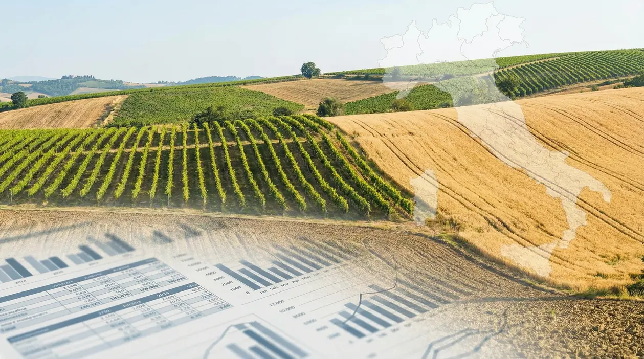 Terreni agricoli coltivati su colline con grafici economici sovrapposti