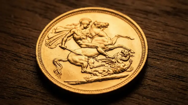 Sterlina d’oro con rilievo di San Giorgio che uccide il drago su sfondo di legno