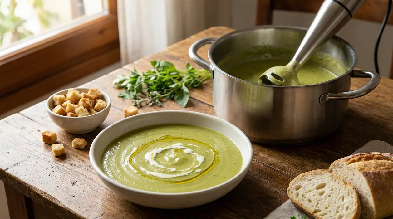 Vellutata verde servita in una ciotola con crostini e pane su un tavolo rustico