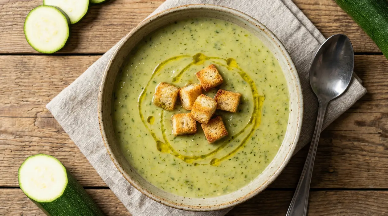 Ciotola di vellutata di zucchine con crostini e filo d'olio su tovaglietta di lino
