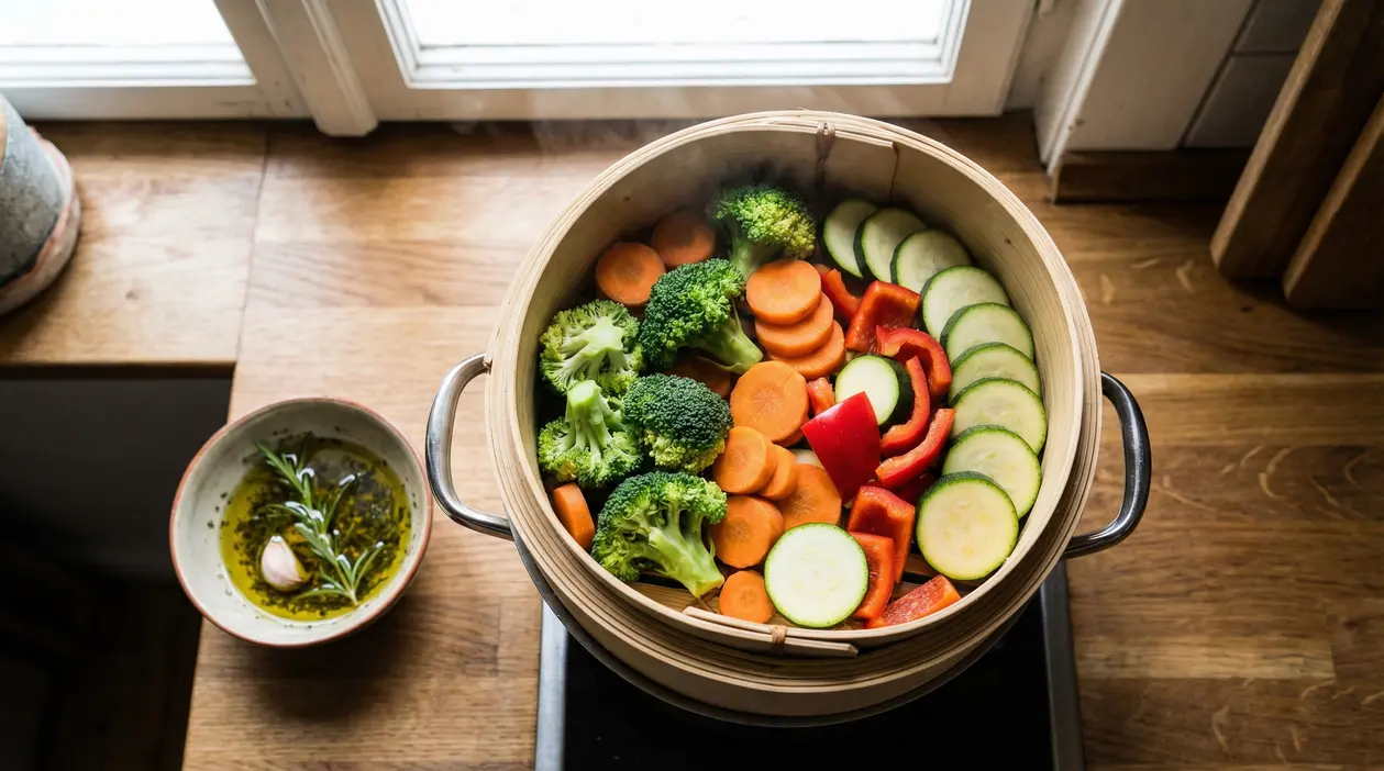 Verdure fresche al vapore in un cestello di bambù su un fornello