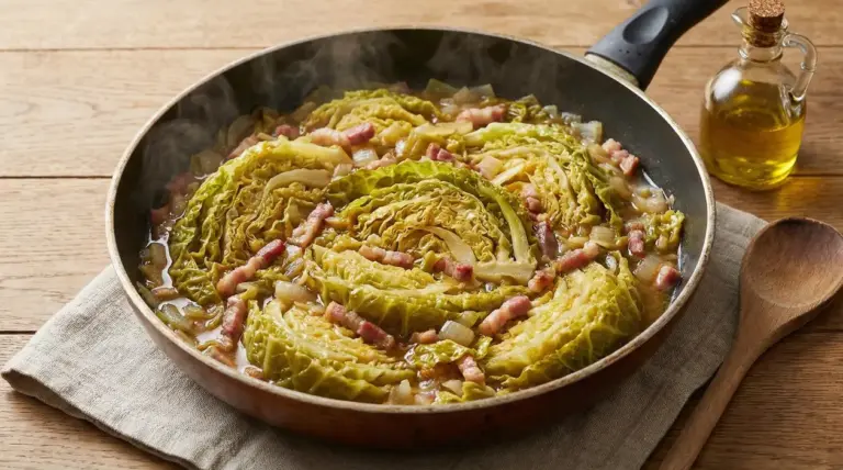 Verza cotta in padella con pancetta e cipolla su un piano in legno