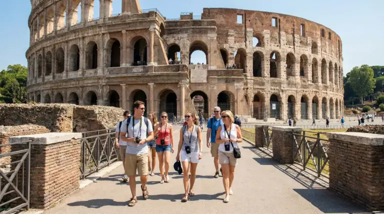 Gruppo di turisti cammina vicino al Colosseo in una giornata di sole