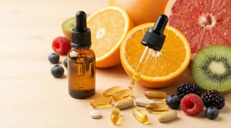 Integratori e frutta fresca assortita su un tavolo di legno, simboli di benessere per la pelle