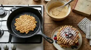 Waffle a forma di fiore cotto in padella con impasto e frutti di bosco su un piatto