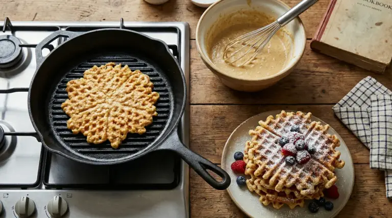 Waffle a forma di fiore cotto in padella con impasto e frutti di bosco su un piatto