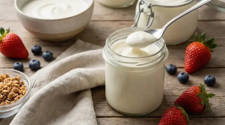 Barattolo di yogurt fatto in casa con cucchiaio, fragole, mirtilli e granola su tavolo in legno
