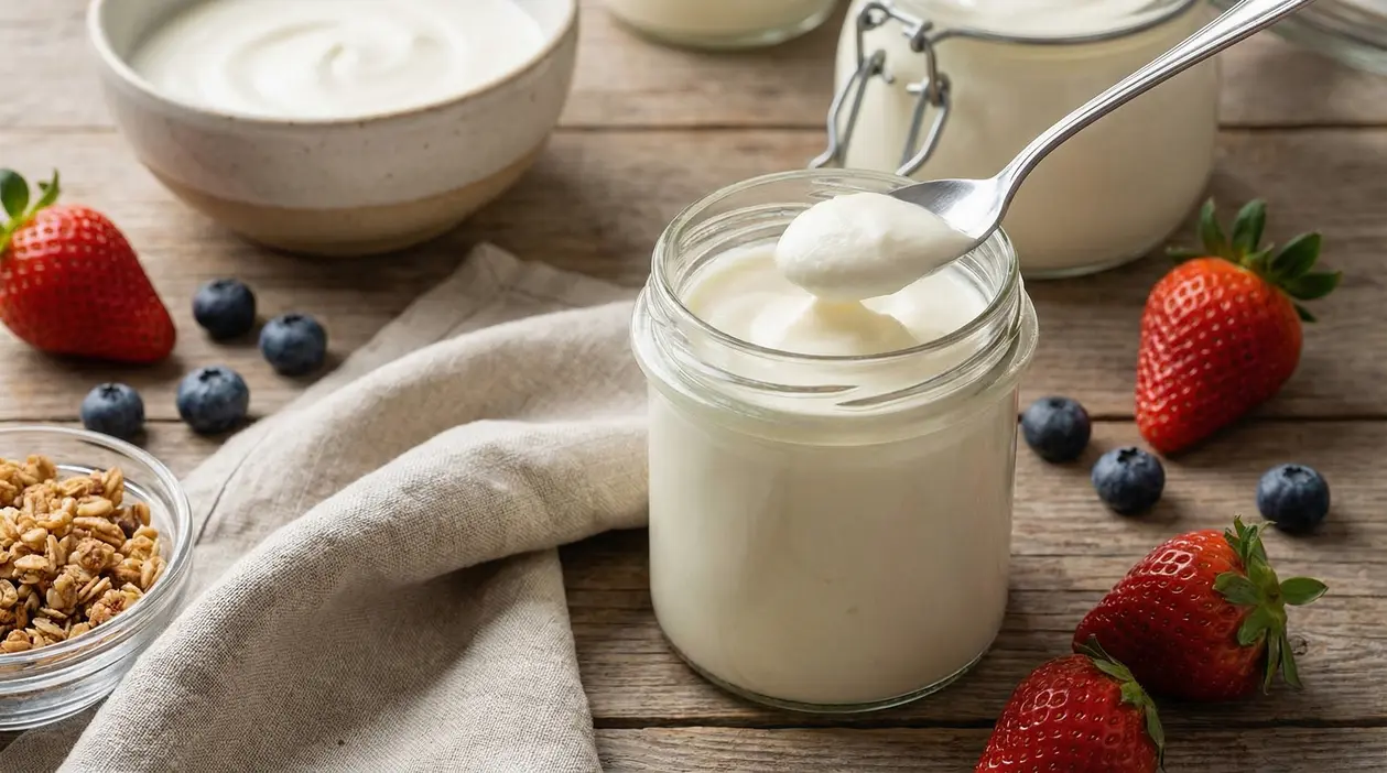 Barattolo di yogurt fatto in casa con cucchiaio, fragole, mirtilli e granola su tavolo in legno