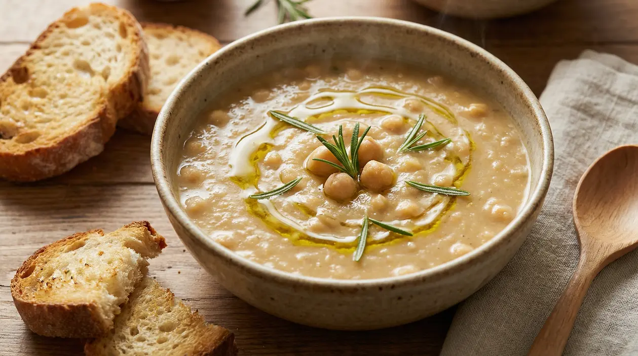 Zuppa di ceci cremosa con olio d'oliva e rosmarino servita con fette di pane tostato