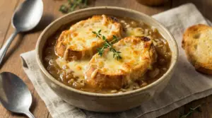Zuppa di cipolle alla francese con crostini gratinati servita in una ciotola di ceramica